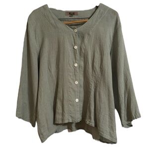Flax colorless button down wide sleeve sage green linen blouse sz L
